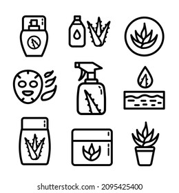 Aloe vera outline icons set. Succulent, tropical plant vector illustrations, thin signs for organic food, cosmetic. Isoleted on white background.