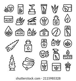 Aloe vera outline icons set. Succulent, tropical plant vector illustrations, thin signs for organic food, cosmetic. Isoleted on white background.