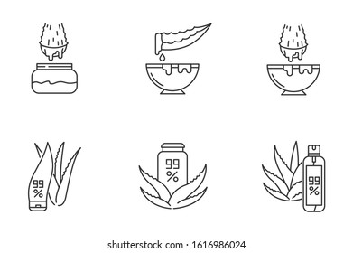 Aloe vera pixel perfect linear icons set. Medicinal herbs juice. Pure lotion. Healing liquid from plants. Customizable thin line contour symbols. Isolated vector outline illustrations. Editable stroke