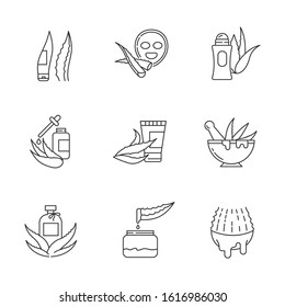 Aloe vera pixel perfect linear icons set. Antiperspirant with medicinal herbs. Oil essence. Cactus juice. Customizable thin line contour symbols. Isolated vector outline illustrations. Editable stroke