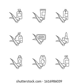Aloe vera pixel perfect linear icons set. Cosmetic products with medicinal plant. Healthy skincare. Customizable thin line contour symbols. Isolated vector outline illustrations. Editable stroke