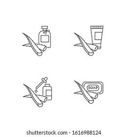 Aloe vera pixel perfect linear icons set. Oil and serum. Natural cosmetic products and dermatology. Customizable thin line contour symbols. Isolated vector outline illustrations. Editable stroke