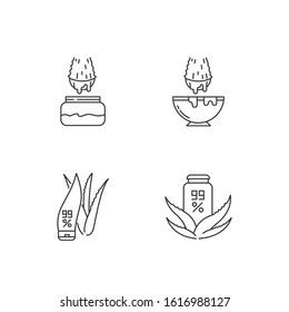 Aloe vera pixel perfect linear icons set. Juice from cut succulent leaf. Liquid from sliced cactus thorn. Customizable thin line contour symbols. Isolated vector outline illustrations. Editable stroke
