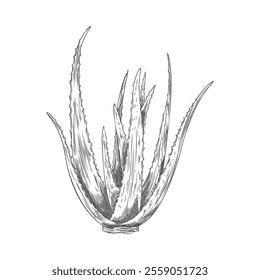 Aloe Vera plant bush engraved sketch. Succulent prickly herbal foliage. Medical healing organic herb botanical hand drawn vector illustration. Natural pharmaceutical component isolated