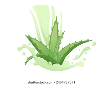 Aloe-Vera-Pflanze mit fließender grüner Aloe-Saft-Vektorillustration auf weißem Hintergrund