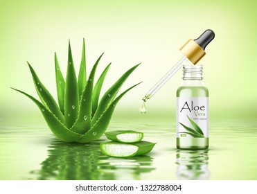 Aloe vera plant with fresh drops and dropper glass bottle. Collagen serum package mockup. Beauty cosmetics  product ads poster template. Realistic 3d vector illustration on water ripple background