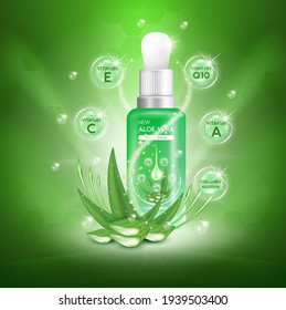 Aloe vera plant with fresh drops and dropper glass bottle. Collagen and vitamin serum. Skin care, Beauty cosmetics product ads poster design. Realistic 3d vector illustration
