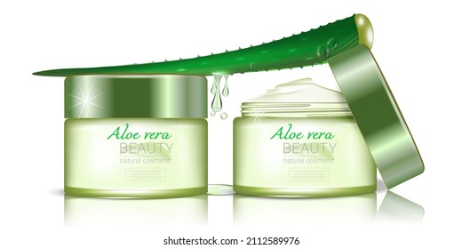 Aloe vera plant with jars of cosmetic cream with an open and closed lid. Packaging layout. Poster template with advertising of cosmetic products for beauty. Realistic 3d vector illustration