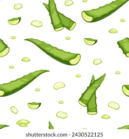 Aloe vera planta hoja y carne. Ingrediente para productos sanitarios y cosméticos, ayuda a curar la piel y restaurar la humedad. Patrón sin fisuras, fondo de pantalla de impresión. Vector en estilos planos