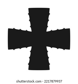 Aloe vera plant leaves cross icon. A symbol made from arms of equal length with black succulents displaying thorny edges. Isolated on a white background.