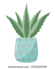 Aloe vera plant in the pot, pattern pot, house plant, succulent, vector illustration