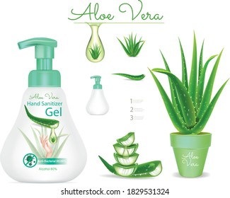 Aloe vera plant realistic set with cut pieces isolated vector illustration . green and white bottle package