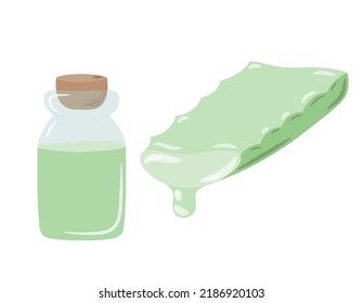 Aloe vera plant slice symbol with drop. Single glass jar with liquid inside. The jar is closed with a stopper drawn by hand in the style of doodle. Isolated vector illustration.	
