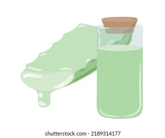 Aloe vera plant slice symbol with drop. Single glass jar with liquid inside. The jar is closed with a stopper drawn by hand in the style of doodle. Isolated vector illustration.	