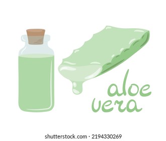 Aloe vera plant slice symbol with drop. Single glass jar with liquid inside. The jar is closed with a stopper drawn by hand in the style of doodle. Isolated vector illustration.	