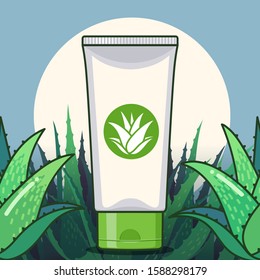 Aloe vera plant vector and product packaging flat design illustration