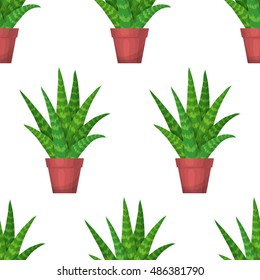 Aloe Vera in pot - floral seamless pattern. Vector cute succulent plant on white background. Botanical wallpaper. Green leaf. Nature illustration with mexican houseplant in cartoon style