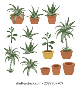 Aloe vera in a pot isolated on a white background. Set of hand-drawn houseplants. Indoor plants in ceramic brown terracotta pots. Home or office interior decoration. 3D Vector cartoon illustration