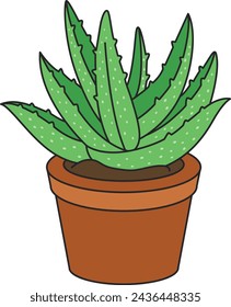 Aloe vera in pot isolated on white background. Hand drawn vector illustration.
