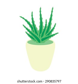 Aloe vera in the pot, succulent plant, flower isolated on white background. Vector illustration.