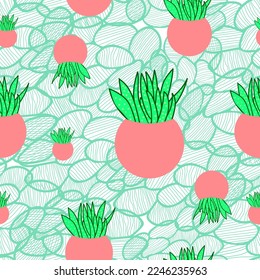 aloe vera pot with textured line art patch seamless vector pattern. cactus theme surface seamless pattern. It is suitable for textile, tiles, decorations, fabric and much more.