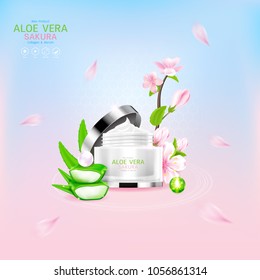 Aloe Vera and Sakura Cream Serum or Collagen Vitamin. Background Vector for Skin Care Cosmetic Products.