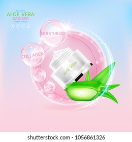 Aloe Vera and Sakura Cream Serum or Collagen Vitamin. Background Vector for Skin Care Cosmetic Products.