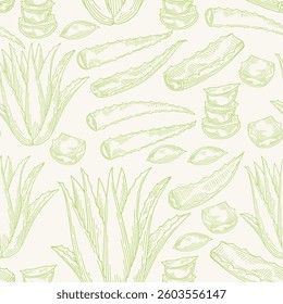 Aloe vera seamless pattern. Gentle packaging background. Natural cosmetics ingredient. Hand drawn ink sketch plant from package design. Ecology concept in beauty industry.