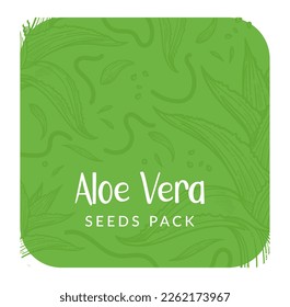 Envase de semillas de aloe vera para cultivo, agricultura y productos agrícolas para jardinería. Esbozo monocromo con hojas y follaje. Etiqueta o emblema, logotipo para paquete, vector en ilustración de estilo plano