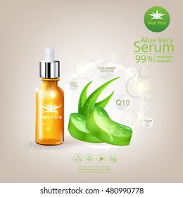 Extractos naturales de Aloe Vera Serum y Collagen Vitamina para el cuidado de la piel Concepto vectorial de fondo estético .