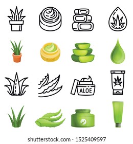 Aloe vera set. Cartoon and thin line illustration of aloe vera vector set isolated on white background