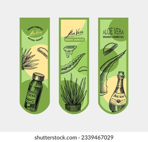 Aloe vera set. Sketch of Plant and bunch and leaves. Ingredient for herbal medicine or cosmetics. Hand drawn Vintage ink sketch. Products for label, advertesment, typography or banner, poster 