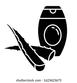 Aloe vera shampoo black glyph icon. Plant based body lotion. Moisturizer with herbs for moisturizing. Skincare treatment and dermatology. Silhouette symbol on white space. Vector isolated illustration