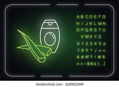 Aloe vera shampoo neon light icon. Plant based body lotion. Moisturizer with herbs. Outer glowing effect. Sign with alphabet, numbers and symbols. Vector isolated RGB color illustration