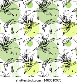 Aloe vera sketch vector  seamless pattern. Hand drawn style. Good for cosmetic design.