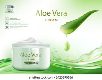 Aloe Vera skin care cream with plant leaves. Packaging brand design. Vector illustration.