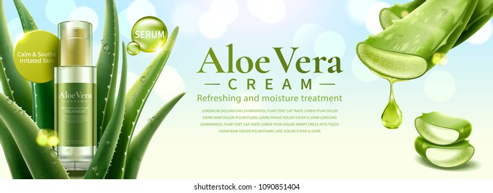 Aloe Vera skin care product covered by succulent leaves in 3d illustration, glitter bokeh background