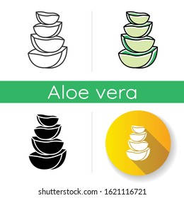 Aloe vera slices icon. Cut cactus pieces. Plant ingredient for cosmetic. Medicinal herbs. Dermatology and skincare. Botany, greenery. Linear black and RGB color styles. Isolated vector illustrations