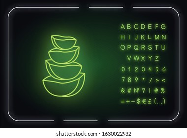 Aloe vera slices neon light icon. Cut cactus. Plant ingredient for cosmetic. Medicinal herbs. Outer glowing effect. Sign with alphabet, numbers and symbols. Vector isolated RGB color illustration