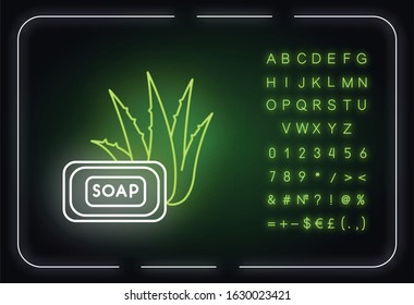 Aloe vera soap neon light icon. Organic bathing product. Natural cosmetic for personal hygiene. Outer glowing effect. Sign with alphabet, numbers and symbols. Vector isolated RGB color illustration