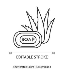 Aloe vera soap pixel perfect linear icon. Organic bathing product. Natural cosmetic for hygiene. Thin line customizable illustration. Contour symbol. Vector isolated outline drawing. Editable stroke