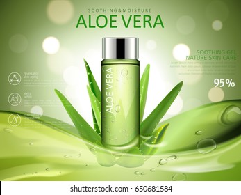 anuncio de gel tranquilizante de aloe vera, con frasco cosmético y elementos de aloe vera, fondo borroso verde ilustración 3d