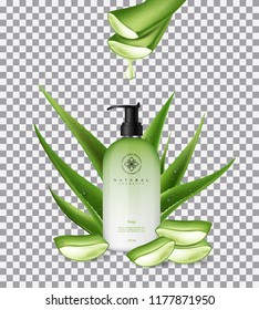 Aloe vera soup, with cosmetic bottle and aloe vera medicinal plant and it's sections with fresh drops of water in 3D. Isolated vector illustration