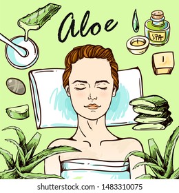 Aloe vera and spa woman sketch vector  illustration. Hand drawn style. Good for cosmetic design.