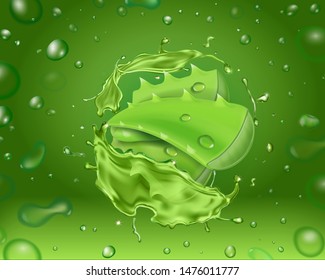 Aloe vera splash and leaf on green background. Realistic aloe juice or cosmetic oil.