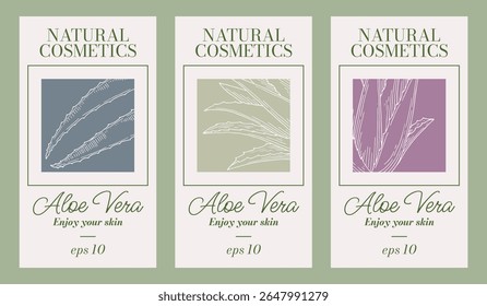Conjunto de Plantilla de etiquetas de aloe vera. Ingrediente de cosméticos naturales. Dibujado a mano sketch de tinta silueta herbal. Concepto de ecología en la industria de la belleza. Concepto de cosmética natural. Disfruta de tu piel.