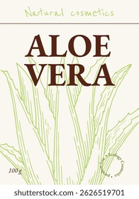 Aloe vera vertical label design template. Natural cosmetics ingredient. Hand drawn ink sketch plant from package design. Ecology concept in beauty industry.