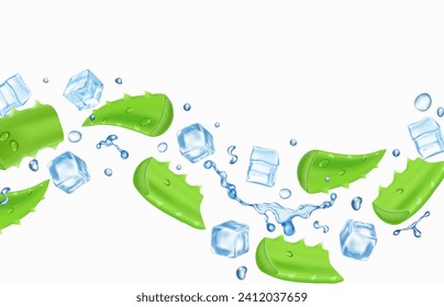 Aloe in water splash and ice cubes. Aloe vera leaves and slices Vector realistic isolated on white