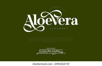 Aloevera swash luxury elegant alphabet letters and numbers. Vintage wedding typography classic serif font decorative vintage retro. creative vector illustration