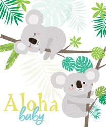 Carte De Copil Aloha Pentru Copii Petrecere Duș Sau Ziua De Naștere Cu Koalas Distractiv. Ilustrație Vectorială Editabilă